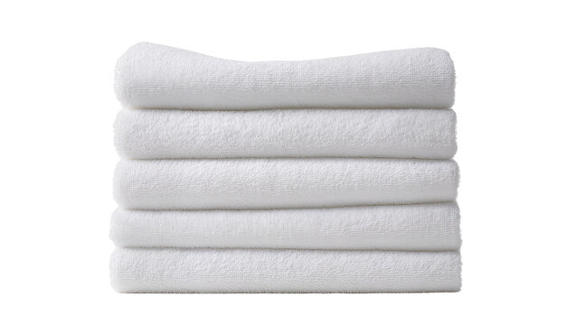Stack of five fluffy white terry cloth towels, isolated on transparent background
