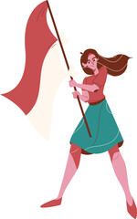Obraz premium Modern stylized woman proudly holding a red and white flag embodying national spirit.