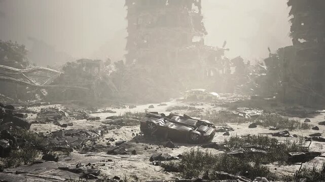 Foggy ruined avenue leading past collapsed facades and scattered rubble, pale dawn light filtering through mist, empty roadway and distant skyline silhouettes