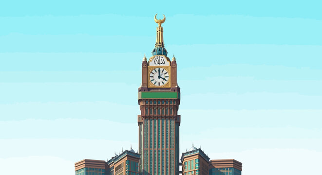 The iconic Abraj Al-Bait clock tower stands tall in Mecca, Saudi Arabia, showcasing its impressive architecture and large clock face under a clear blue sky.