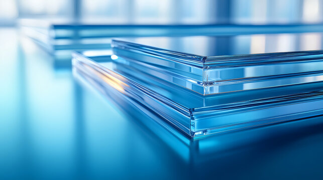 Stack of transparent double glazed window glass panels with reflective surfaces and clean edges showcasing clarity and modern construction under cool blue lighting for architectural or building