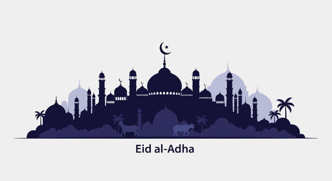 Eid al-Adha celebration with mosque and crescent moon in the desert landscape