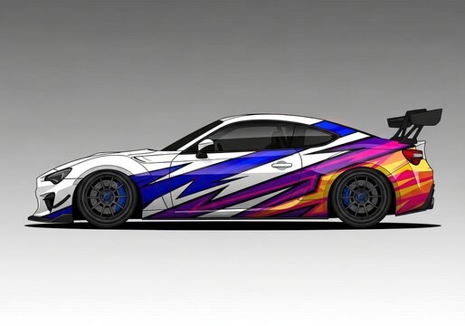 Profile of a sports car with colorful racing vinyl wrap