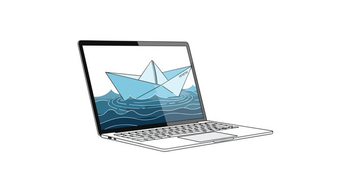 A laptop is open on a white surface, displaying a paper boat floating on stylized blue waves with the text 'www.' visible on the side of the paper craft.