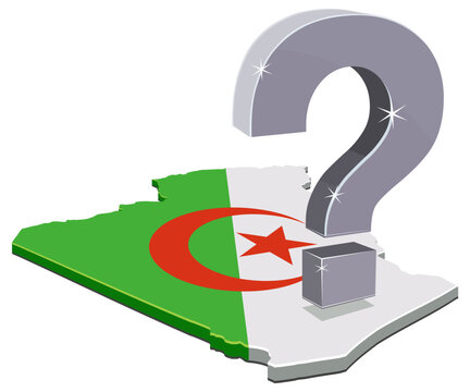 3D map of Algeria with national flag and a large silver question mark representing political, social or economic uncertainty and future challenges (cut out)