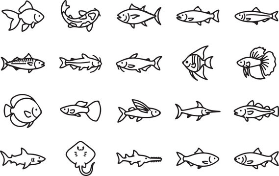 Minimalist fish outline icons set, sea food and freshwater fish collection including salmon, shark, and goldfish.