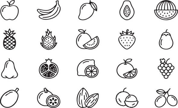Minimalist fruit line icons set, healthy organic food symbols for education and graphic design.