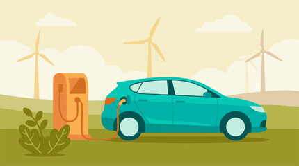 Electric Car Charging with Renewable Energy and Wind Turbines Illustration © ColorAsia