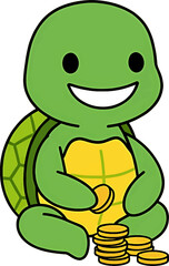 Obraz premium Younger Brother Turtle Counting Coins Happily Money Saving Concept. Business Finance Vector Illustration.