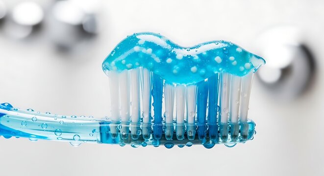 Macro shot of blue gel toothpaste on a wet toothbrush covered in fresh water droplets