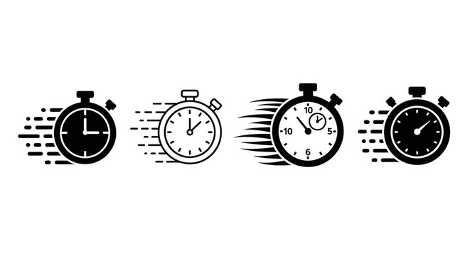 Collection of stopwatch icons illustrating speed, time tracking, and quick measurement with motion lines