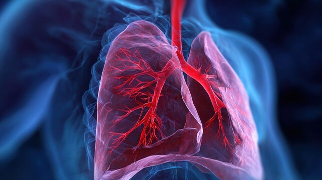 Medical 3D illustration of pulmonary embolism condition, dangerous blood clot blockage in lung artery, thromboembolism respiratory emergency, impaired blood circulation in pulmonary vessels, 