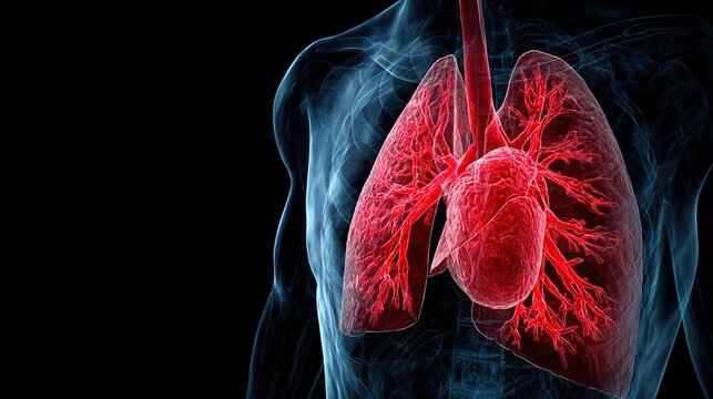 Medical 3D illustration of pulmonary embolism condition, dangerous blood clot blockage in lung artery, thromboembolism respiratory emergency, impaired blood circulation in pulmonary vessels, 