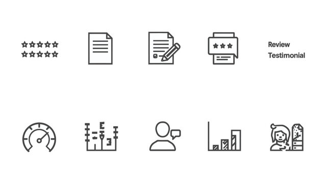 Customer Feedback Elements: A collection of concise icons representing key elements of customer feedback, including star ratings, forms, surveys, and testimonials.