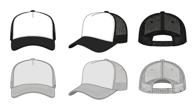 Vector templates of trucker hats in multiple views front, side, back. Designs in black, white, grey, ideal for apparel concepts and product mockups