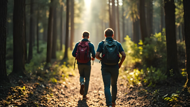 Teenage backpackers navigating sun-drenched forest path, Professional Stock Photo, High Resolution Background