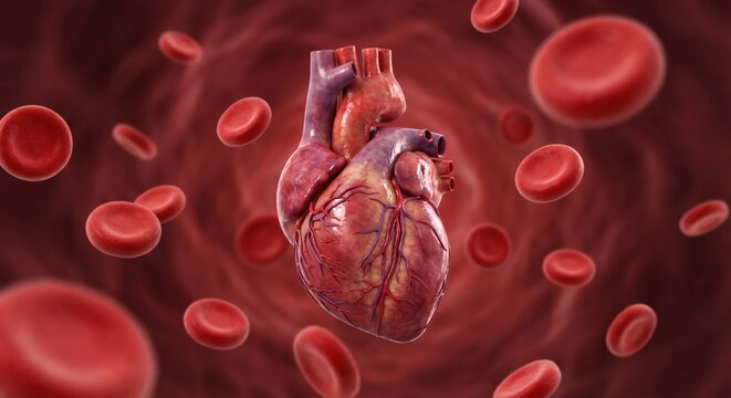 Realistic human heart surrounded by flowing red blood cells, symbolizing cardiovascular system, circulation, health risks and medical science. Healthcare, cardiology and disease awareness concepts