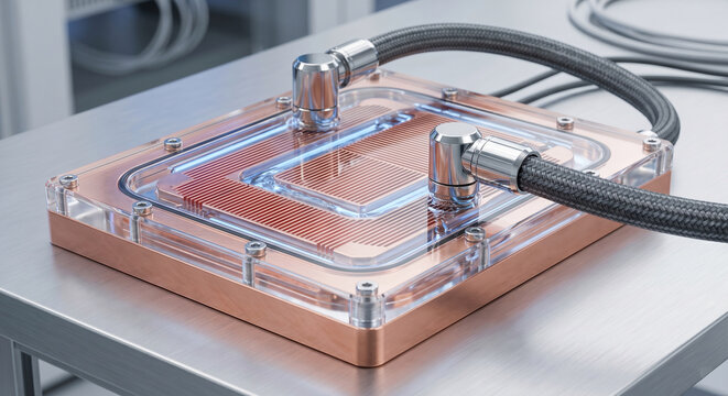 Liquid cooling block for computer processor heat dissipation system with copper base plate finish.