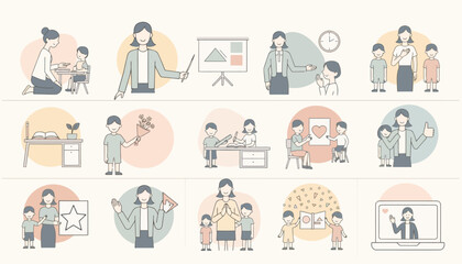 Fototapeta premium Comprehensive collection of flat vector illustrations depicting various scenes of teachers engaging with students in educational settings, highlighting school life and learning activities