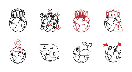 Essential outline icon set representing global population, digital networks, social issues, localization, language translation, environmental sustainability, and international collaboration © HUANG