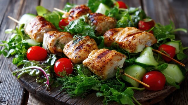 Grilled chicken skewers served on a wooden board with fresh salad and cherry tomato. Healthy meal for dinner or lunch. Delicious homemade food for summer party and rustic dining concept.