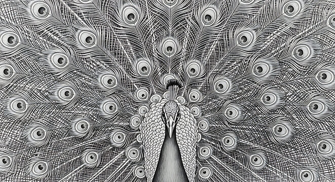 Monochrome abstract pattern of a peacock's fanned tail feathers with multiple eye-spots in a detailed textured style animal kingdom art nouveau