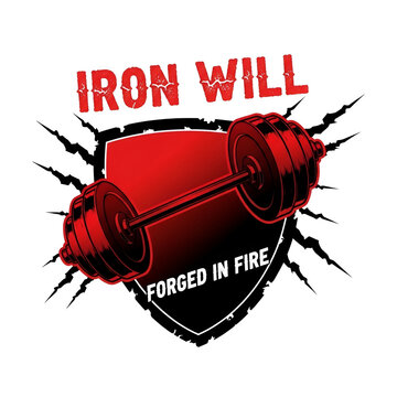Dynamic iron will fitness concept logo with bold typography and strong visual impact representing determination and power