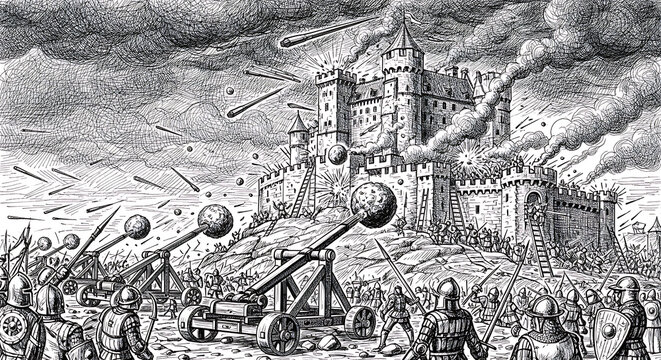 Historical illustration of a medieval siege with catapults firing on a castle siege warfare siege engine architecture history medieval catapult