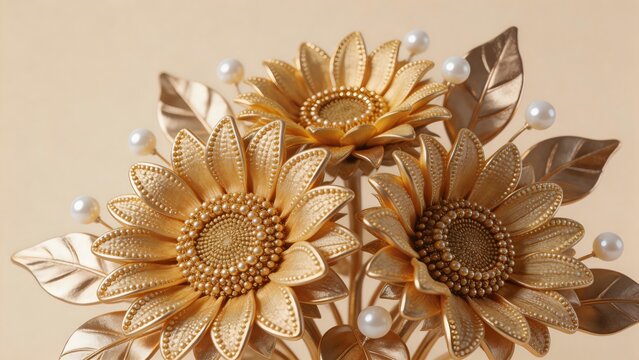 Golden flower arrangement with pearls