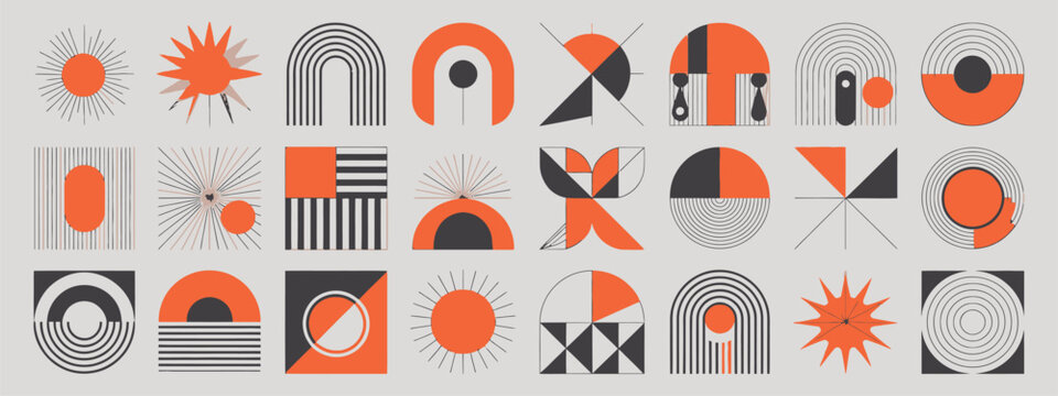 Abstract geometric shapes in orange black and white with a modern aesthetic