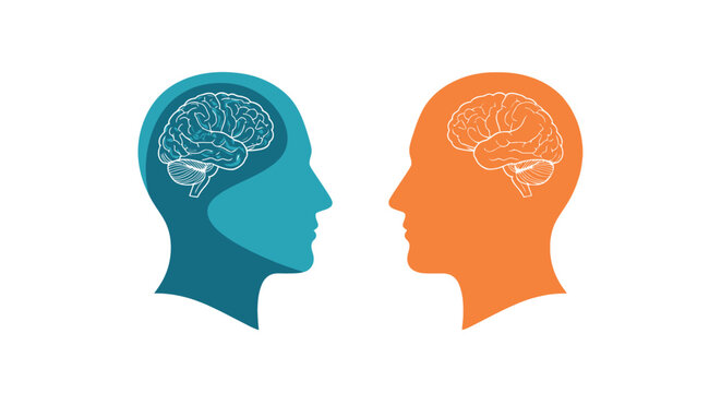 Two stylized human heads with brains shown in profile view side by side
