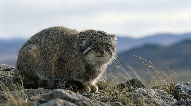 Pallass Cat on Rocky Steppe with Cold Wind