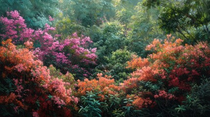 Naklejka premium Blooming azalea bushes in spring botanical garden. Lush pink and orange flower landscape with dense green foliage. Natural floral background for seasonal nature concept and park design.