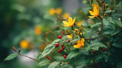 Fototapeta premium Yellow hypericum flowers with red berries on a green bush. Ornamental medicinal plant in a summer garden. Botanical nature photography of blooming shrub in woodland forest setting.