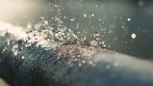 Water splashing on a dark pipe surface. Macro capture of liquid droplets spraying in the air. Environmental concept of water flow, industrial irrigation and fluid motion dynamics.
