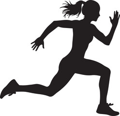 Naklejka premium Dynamic silhouette of a fit woman running with speed and determination, her ponytail trailing, showcasing athleticism, fitness, and a healthy lifestyle in motion.