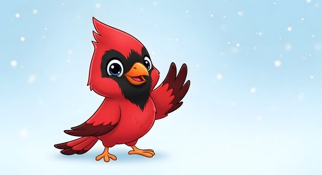 Cute cartoon cardinal bird waving hello in a snowy winter scene.