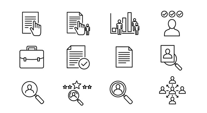 Vector line icon set for human resources, recruitment, and business management, covering candidate search, document processing, and performance evaluation