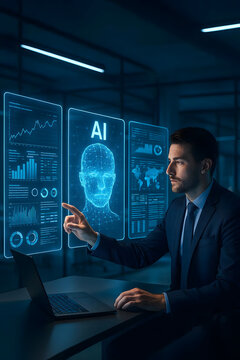 Futuristic AI Office Workspace with Hologram Interface and Business Professional Using Virtual Data Screens