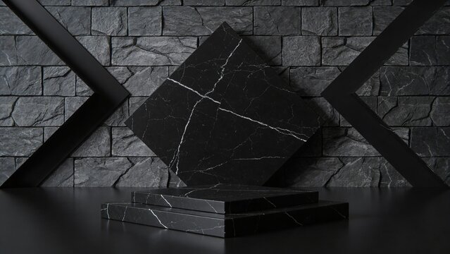 Black podium stone background rock product display 3d dark stand platform abstract stage scene studio