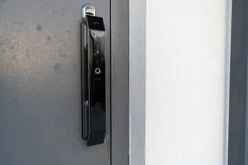 Naklejka premium Black Electronic Smart Lock on Metal Front Door