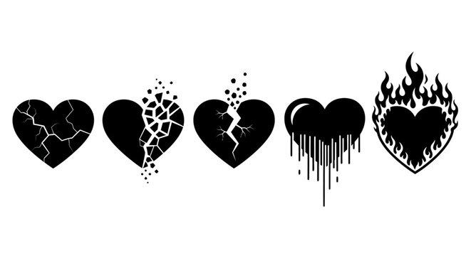 A series of five black heart icons illustrating the emotional stages of heartbreak, from cracking and breaking to melting and burning, symbolizing profound loss
