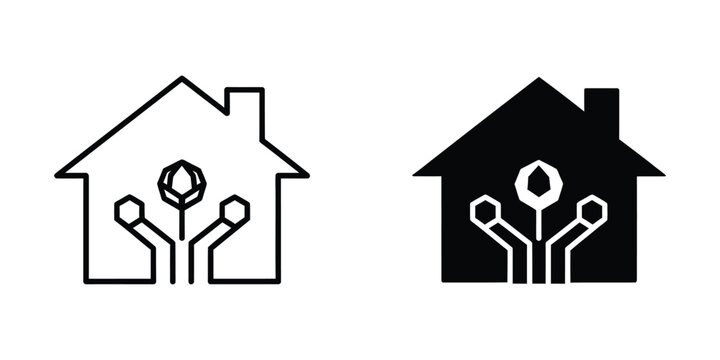 Smart house icon with circuit lines inside representing technology and home connection