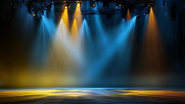 Stage lights illuminating empty theatre floor with bright blue and yellow rays create cinematic atmosphere for live performance events or concert shows with professional lighting equipment.