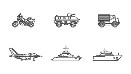 Military Vehicle Array: A carefully curated array of military vehicles and transport vessels is presented in an organized outline. © Ajhar234
