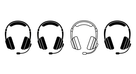 Four different styles of headphones with microphones displayed in a row on a white background, representing audio equipment © HUANG