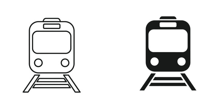 Simple vector icon of train front view with tracks in black and white