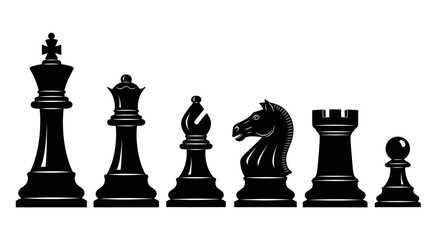 Set of Black Chess Pieces on a White Background - King, Queen, Bishop, Knight, Rook, and Pawn © HUANG