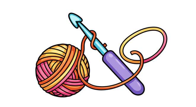 Colorful crochet hook entwined with vibrant yarn ball on white background, showcasing knitting artistry in a playful illustration