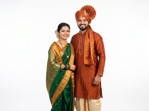 young maharashtrian couple smiling in traditional attire representing cultural celebration and festive lifestyle isolated on white background